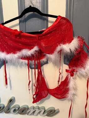 Avidlove Women's Christmas Lingerie Set Red Sequin Feather Trim Bra and Thong
